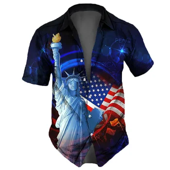 Мужская рубашка Флаг Америки с 3D Принтом Статуи Свободы, Летние Повседневные Пляжные Гавайские Рубашки, Мужские Рубашки, Уличные Рубашки Оверсайз, Вечерние