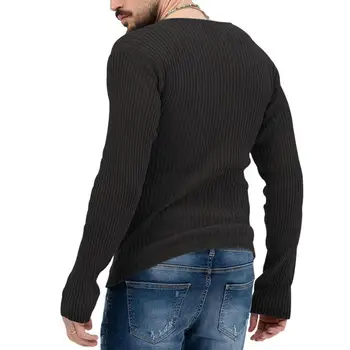 Мужской свитер с длинным рукавом, Однотонный Мужской свитер, Стильный мужской свитер в рубчик с V-образным вырезом, Приталенный Мягкий Теплый Трикотаж для осени/зимы