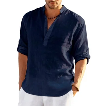 2023 Новая мужская льняная футболка с длинным рукавом, однотонная свободная повседневная рубашка с длинным рукавом, хлопчатобумажная льняная рубашка