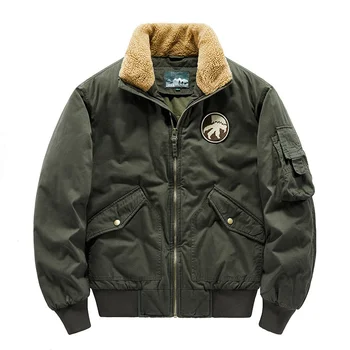 Зимние военные куртки, мужские повседневные куртки с воротником из меха ягненка, толстые теплые парки, пальто, пилот-бомбардировщик, Армейская одежда с хлопковой подкладкой