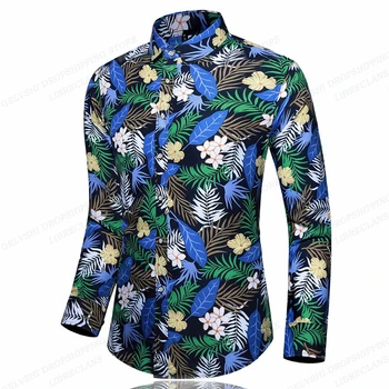 Гавайские Рубашки с длинными Рукавами и Цветами, Мужская Мода, Гавайская Рубашка С Листьями, Пляжные Блузки, Однобортные Майки, Мужская Одежда