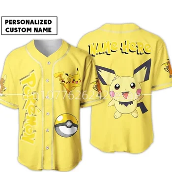 Бейсбольная майка Pokemon Pikachu с 3D-принтом, модная уличная бейсбольная рубашка для мужчин и женщин с индивидуальным названием, короткий рукав