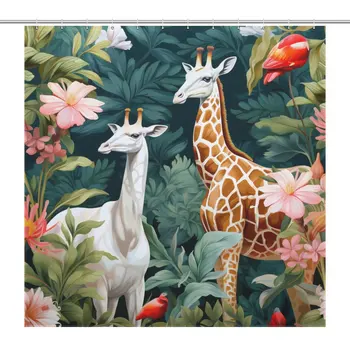 Занавеска для душа с изображением жирафа и экзотических животных в стиле джунглей, водонепроницаемая, полноразмерная 183x183 см с 12 шт. крючками