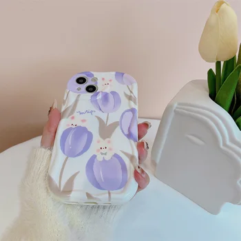 Свернутый фиолетовый тюльпан кролик Чехол Для Телефона iPhone 14 Plus 7 8 X XS XR 11 12 13 Pro Max Силиконовые Чехлы Чехол