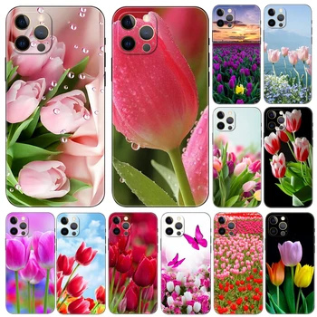 Весенние тюльпаны Цветочный чехол для телефона iphone 14 2020se 6 6s 7 8 plus x 10 XR XS 11 12 13 mini pro MAX мягкая черная задняя крышка из тпу