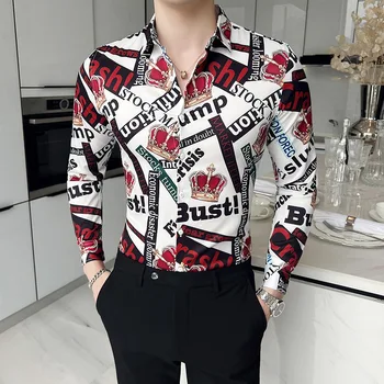 Весенне-летняя мужская тонкая роскошная социальная рубашка с цифровым принтом личности, рубашка с длинным рукавом, мужская клубная рубашка, размер M-4XL