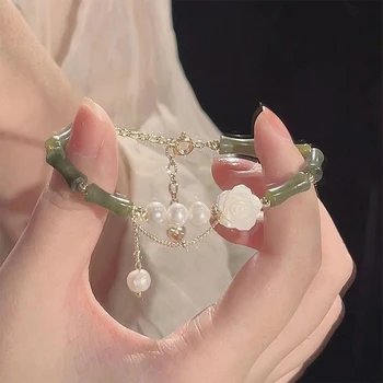 Китайский стиль Ретро Зеленый Бамбуковый браслет с жемчугом для женщин Модный Простой браслет из цветочного бисера Изысканный Ювелирный подарок