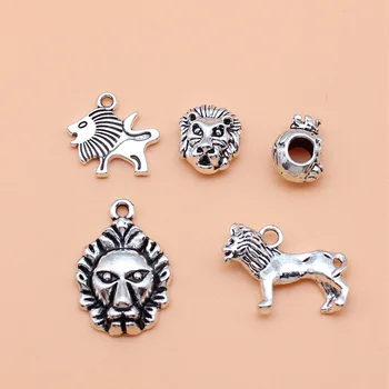 коллекция амулетов в виде львов старинного серебряного цвета из 5 штук для изготовления ювелирных изделий своими руками, 5 стилей, по 1 в каждом