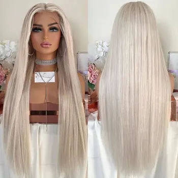Платиново-белый парик с прямыми синтетическими волосами спереди на кружеве из высококачественного термостойкого волокна с натуральной линией роста волос в средней части для женщин
