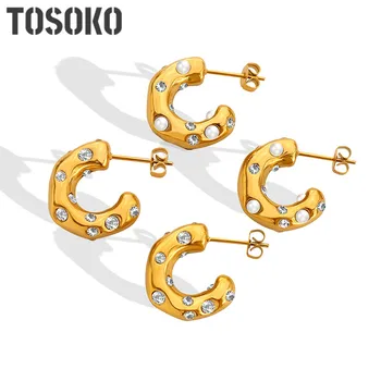 Весенние серьги TOSOKO с жемчугом и цирконием С-образной формы, женские модные серьги с покрытием из 18-каратного золота BSF601-2