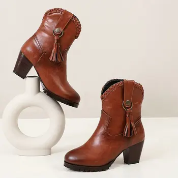 2020 г. коричневые женские ботинки с круглым носком на высоком массивном каблуке в стиле ретро с кисточкой, большие размеры 46 47 48, роскошная женская обувь, ботильоны