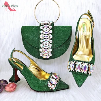 Новые модные женские туфли и сумка в нигерийском стиле зеленого цвета, украшенные стразами для вечеринки