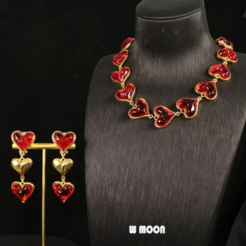 Серьги и ожерелье из желейной смолы в виде красного сердца в придворном стиле для женщин, подарки на День рождения, Винтажные комплекты ювелирных изделий Elegance