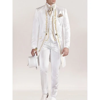 Мужские костюмы с вышивкой в стиле ретро, мужской блейзер со стоячим воротником в стиле принца, банкетный костюм жениха, свадебные смокинги, официальный костюм (пиджак + брюки + жилет)