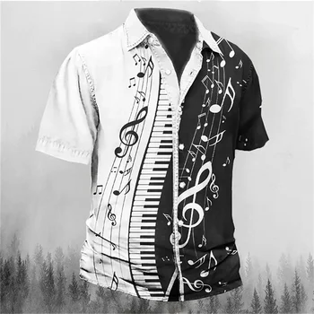 Мужская рубашка с музыкальным принтом, ретро черная уличная пуговица с короткими рукавами, модная уличная одежда, дизайнерская повседневная лето 2023