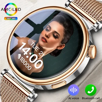Для Watch 4 mini 2024 Новые Модные Женские Умные Часы AMOLED Экран Всегда Отображает Частоту Сердечных Сокращений Bluetooth Вызов Смарт-часы Женские + Коробка