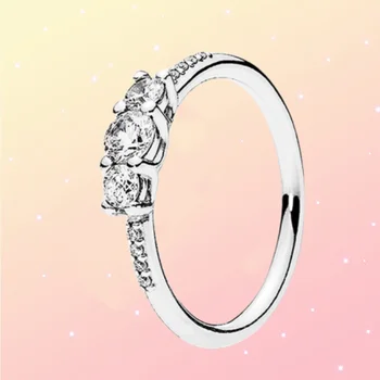 Прозрачное кольцо Pandora из серебра 925 пробы с тремя камнями для женщин на День Святого Валентина, новогодний ювелирный подарок
