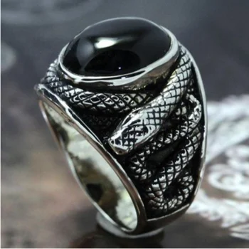 Винтажное Овальное кольцо Питона с гравировкой из черного драгоценного камня для мужчин и женщин, Коллекционное кольцо из нержавеющей стали в стиле панк, подарки на День рождения для вечеринок