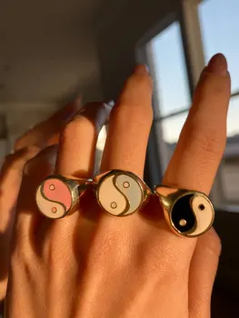 Схема Тай цзи Открытые кольца, выложенные пастельной красочной эмалью с позолоченным кольцом на палец, регулируемое для женщин Модное Ювелирное изделие