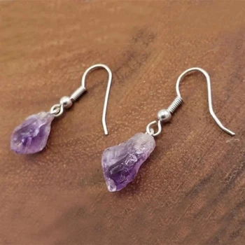 Готический натуральный фиолетовый кристалл, серьги из необработанного камня, Целебный камень, висячая капля, Каплевидная ведьма, ювелирные изделия, Женский свадебный подарок