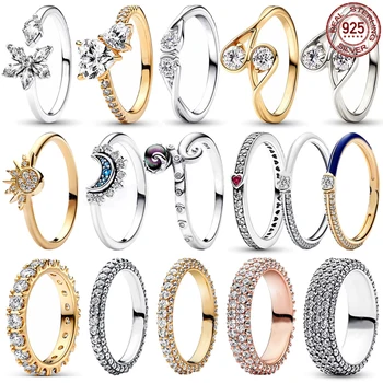 Классическое кольцо из стерлингового серебра 925 пробы с бриллиантами, кольцо с цирконием, Пара, Солнце, Луна, Пандора, кольцо с капелькой воды, Ювелирный подарок