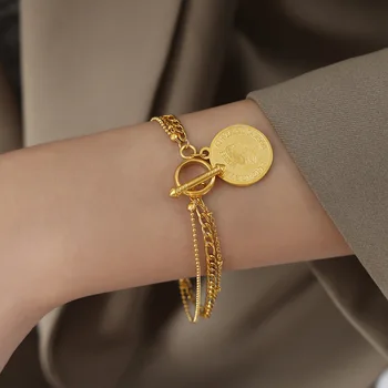Женский двухслойный браслет Marka из нержавеющей стали, винтажная круглая подвеска, позолоченная цепочка без пряжки, ювелирные аксессуары