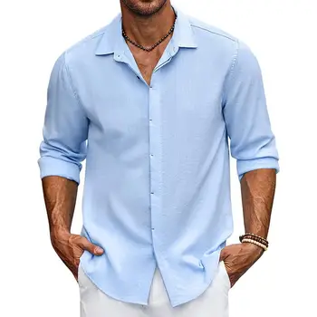 Однотонная мужская рубашка Уличная мужская осенняя рубашка средней длины свободного кроя из мягкой дышащей ткани с отложным воротником, однотонный цвет