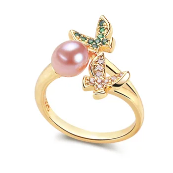 Женское кольцо с бисером и жемчугом, двойная бабочка, украшения из пресноводного жемчуга, микро-инкрустация цирконом, романтический подарок для подруг