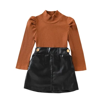Осенне-зимний комплект для маленьких девочек, рубашка в рубчик с длинным рукавом, свитер, юбка на пуговицах, комплект из 2 предметов с милой юбкой